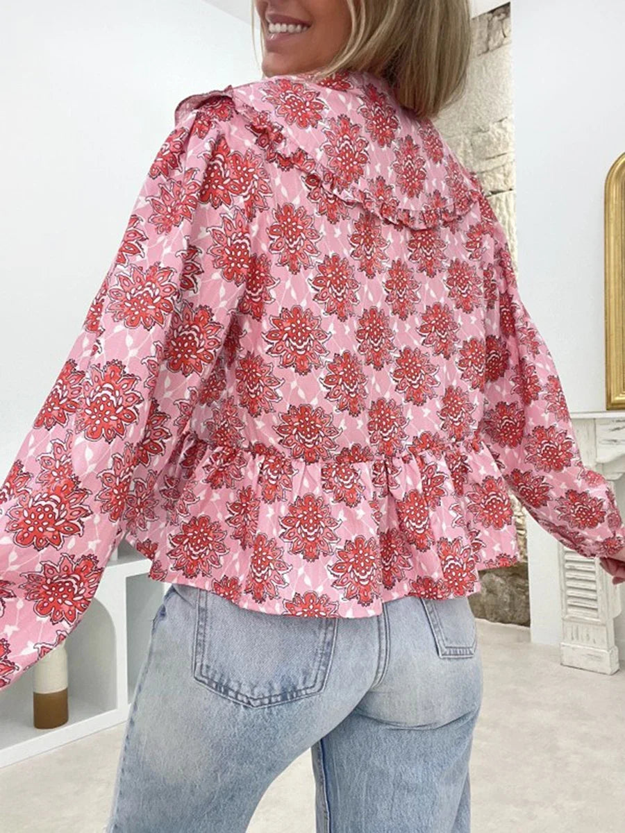 Floral Doll Collar Tie-Up Blouse
