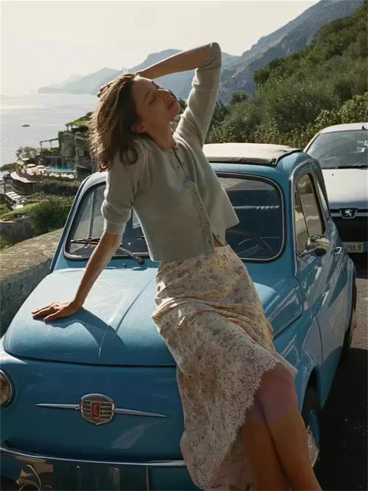 Floral Print Mermaid Lace Splice High Waist Retro Summer Midi Skirt