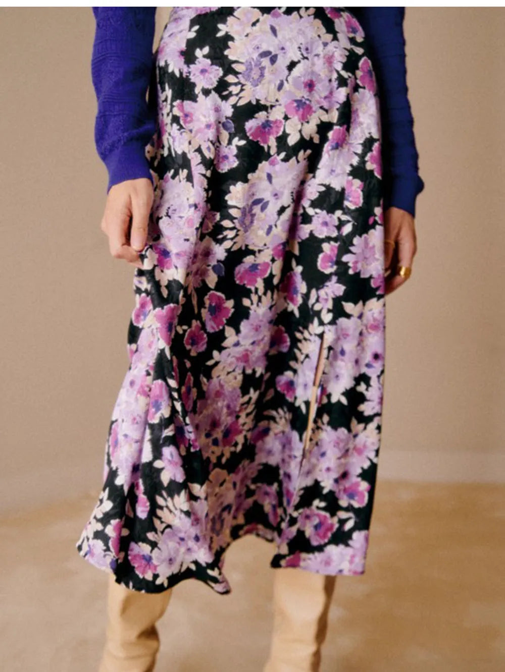 Gentle Purple Floral Midi Skirt Winter Female Split Hem High Waist skirt / S skirt-250126