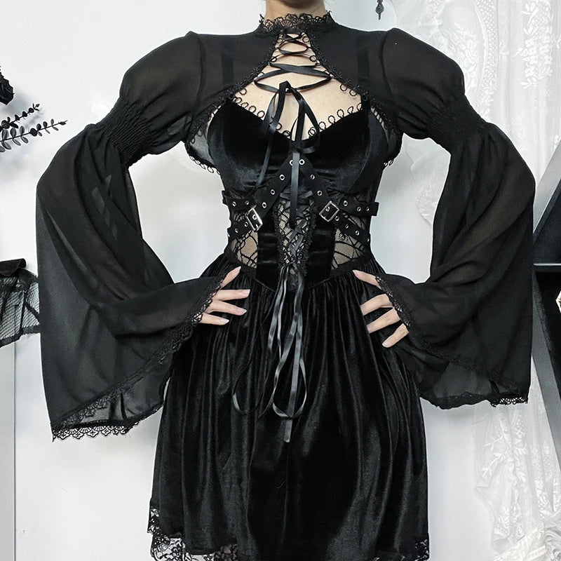 Trendy slim flare-design gothic dark bow-embellished lace party Cardigans - Fashionpara