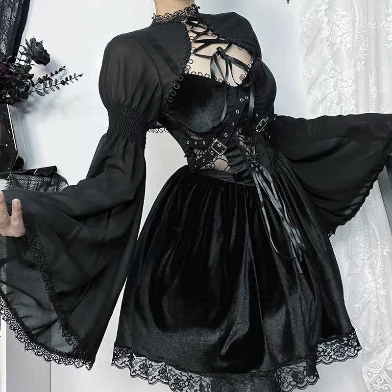 Trendy slim flare-design gothic dark bow-embellished lace party Cardigans - Fashionpara