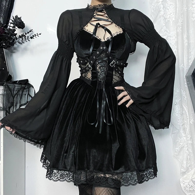 Trendy slim flare-design gothic dark bow-embellished lace party Cardigans - Fashionpara