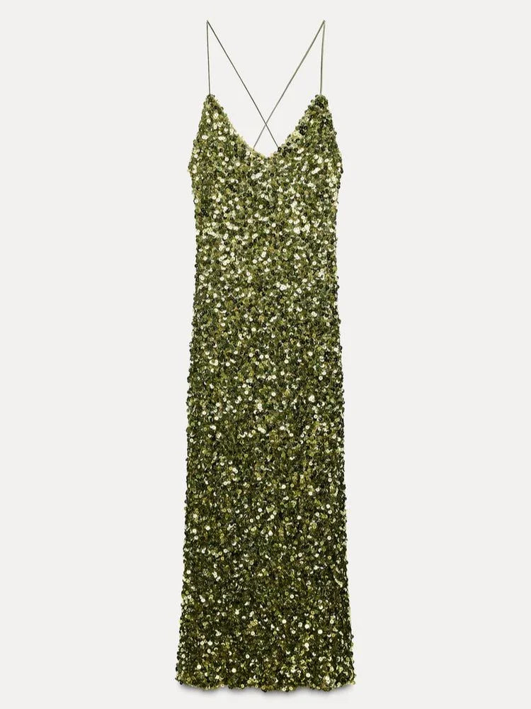 Green Sequin Backless Sling Dress - Sexy Off Shoulder Christmas Party Dress - Fashionpara