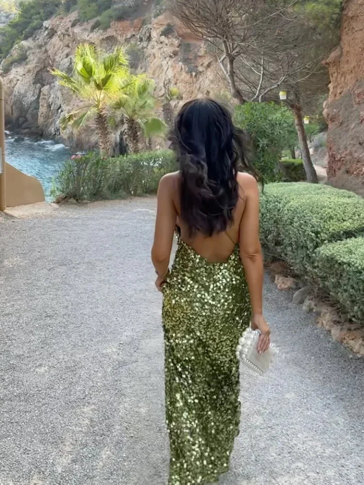 Green Sequin Backless Sling Dress - Sexy Off Shoulder Christmas Party Dress - Fashionpara