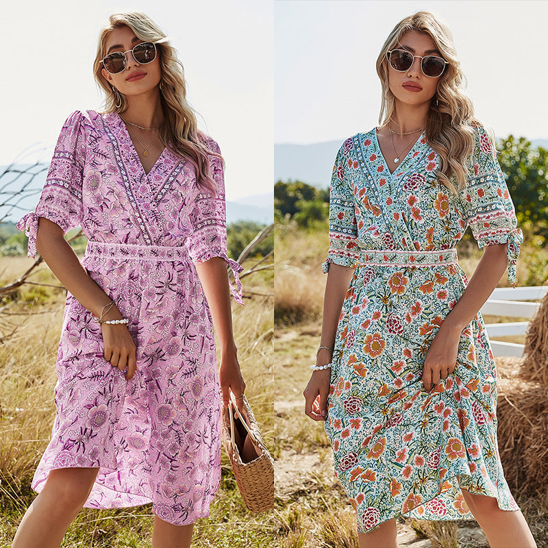 Floral Print V-Neck Tie Sleeve Belted Midi Dress