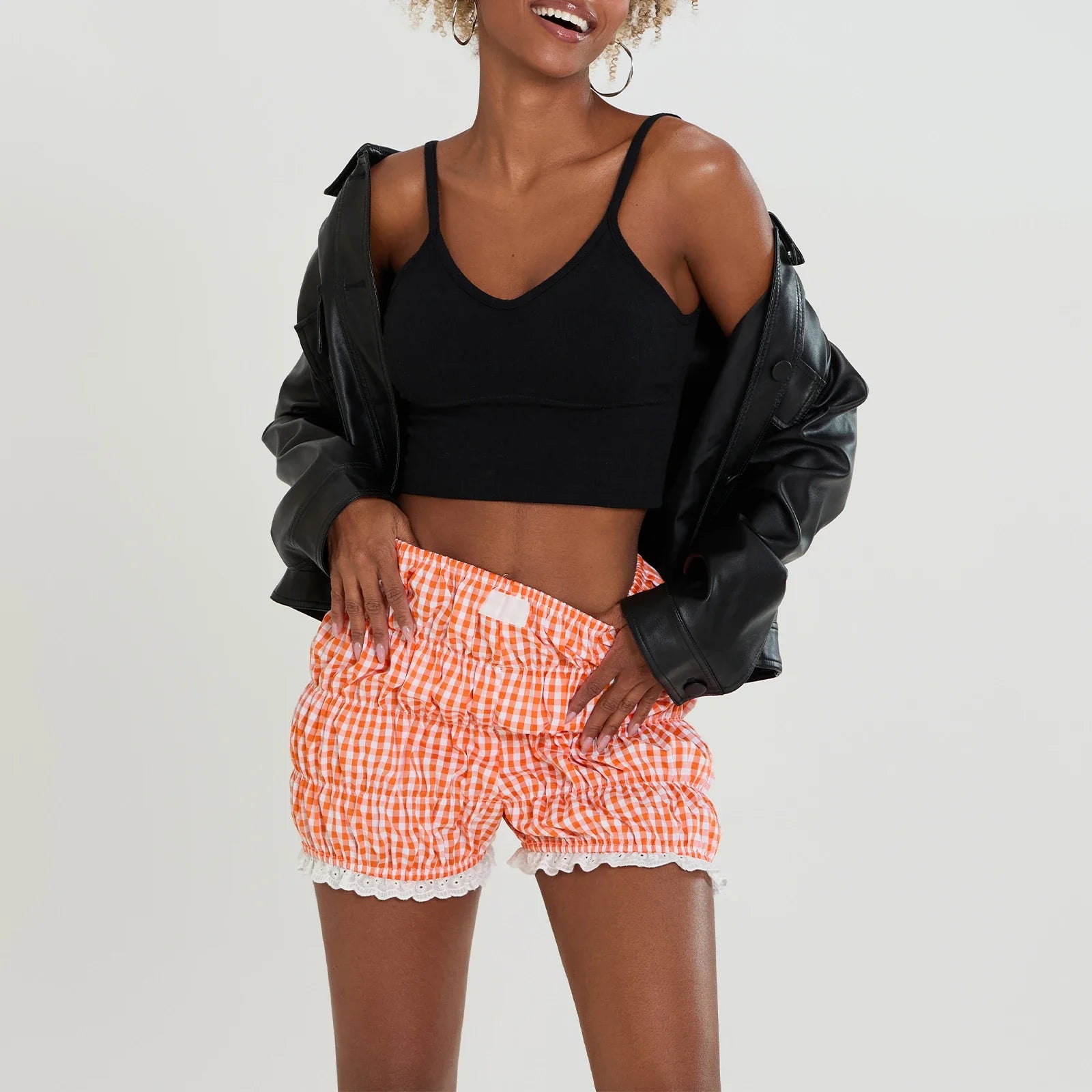 Kawaii Lace Hem Plaid Bloomer Short