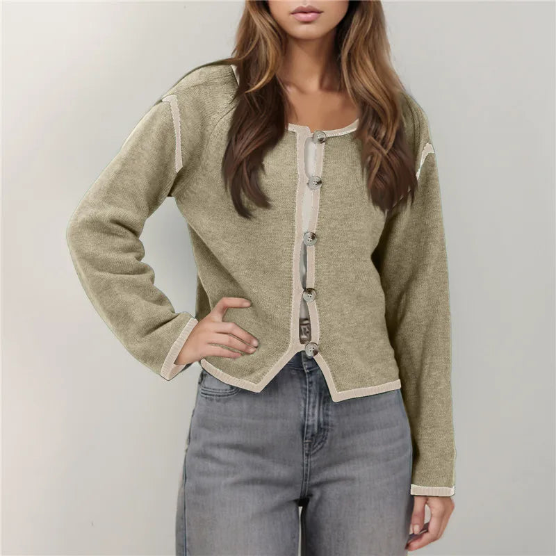 Contrast Stitching Long Sleeve Button Cardigan