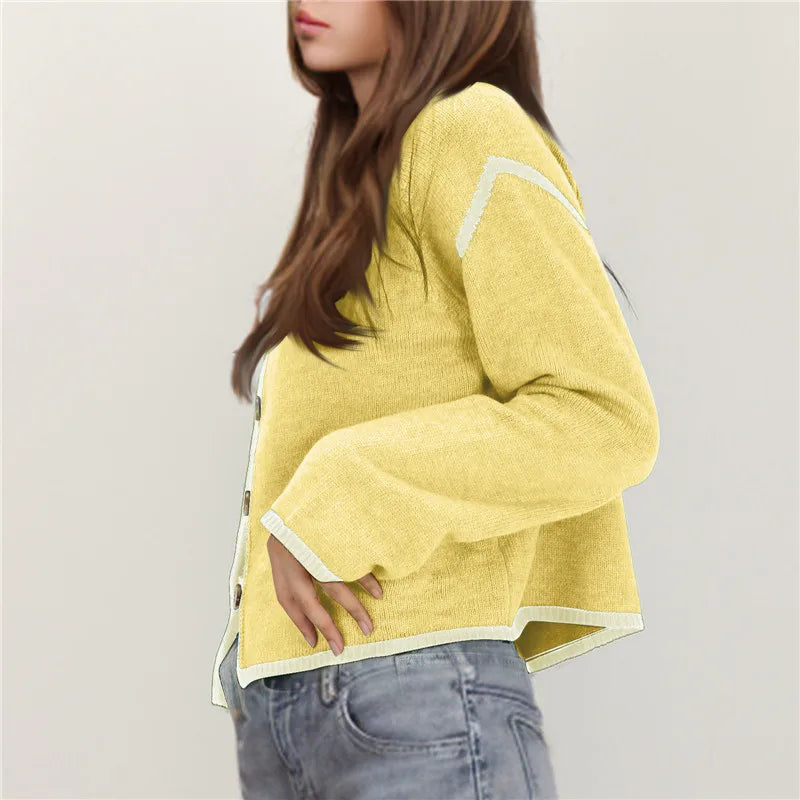 Contrast Stitching Long Sleeve Button Cardigan