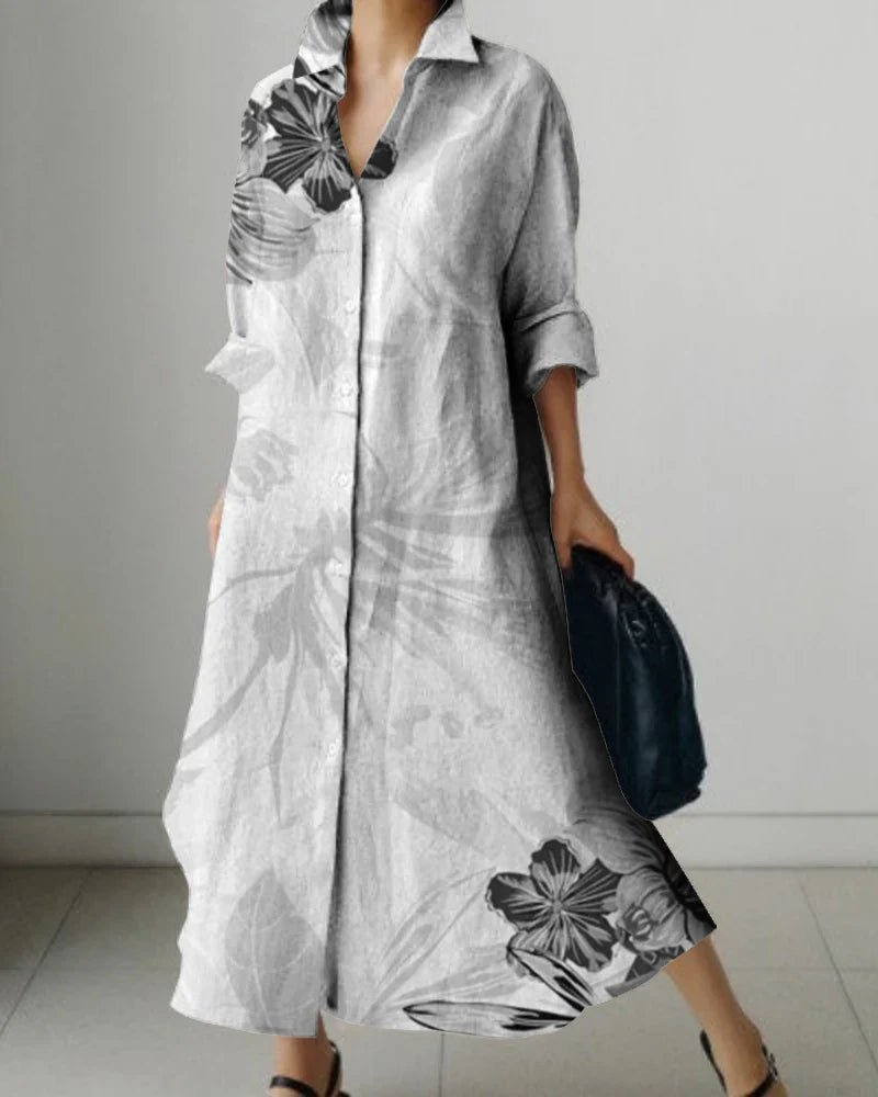 Women's Lapel Long Sleeve Floral Print Shirt Dress