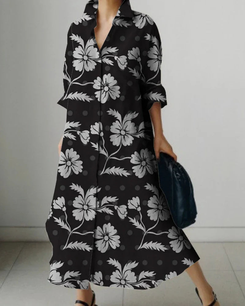 Women's Lapel Long Sleeve Floral Print Shirt Dress