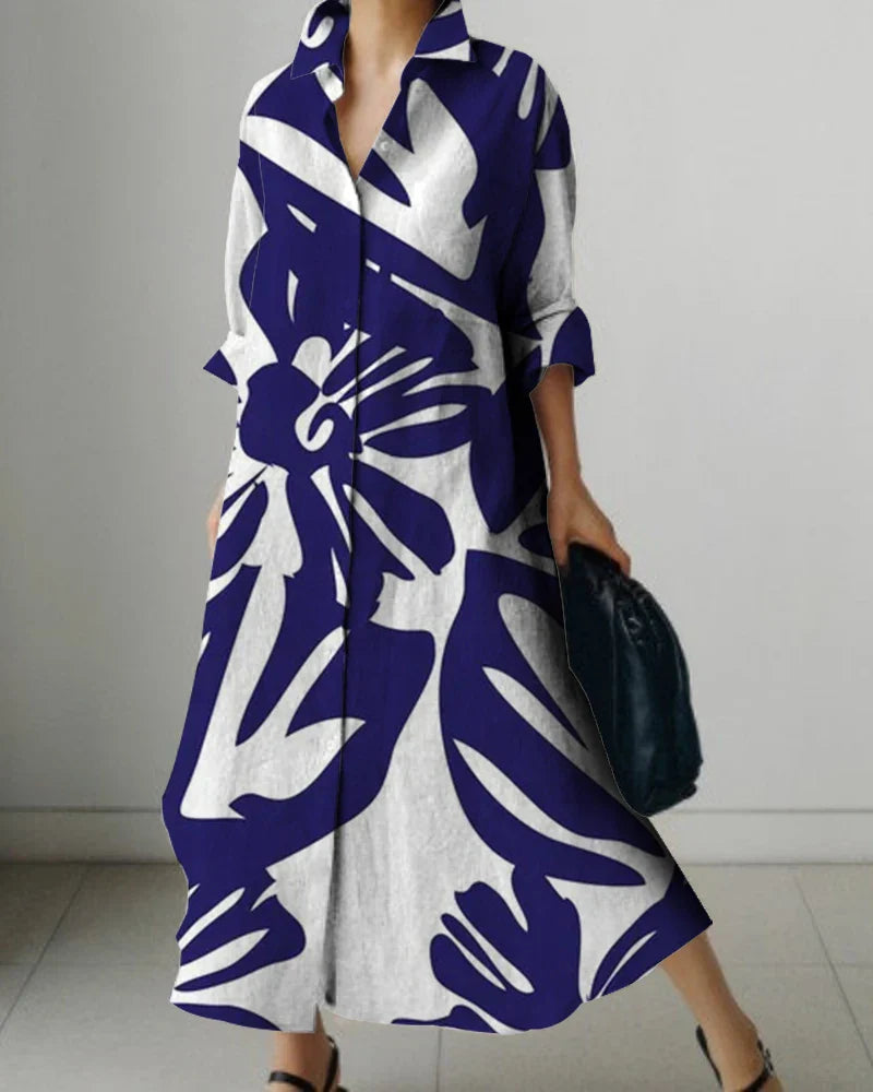 Women's Lapel Long Sleeve Floral Print Shirt Dress