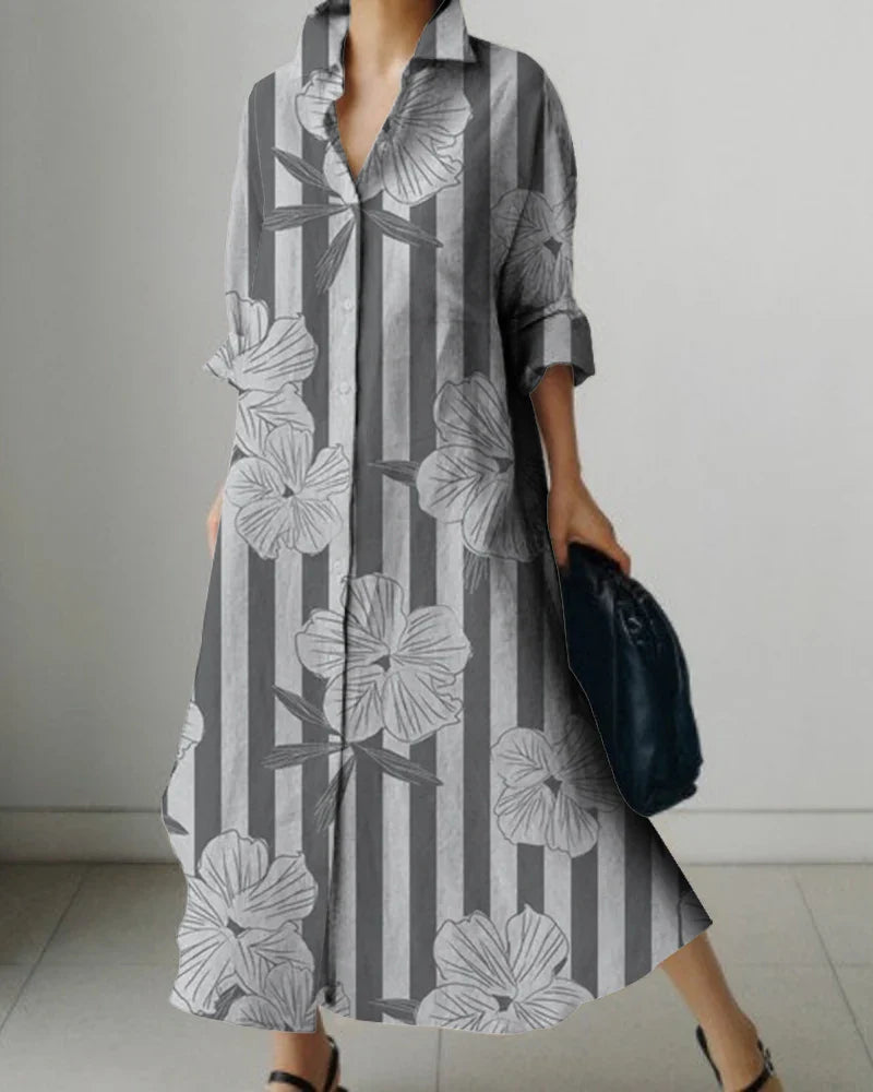 Women's Lapel Long Sleeve Floral Print Shirt Dress