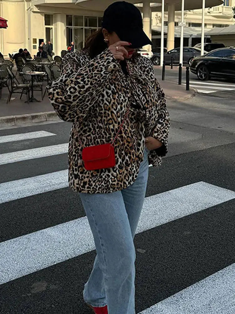 Leopard Print Lace Long Sleeved Quilted Casual Fashion Coats - Fashionpara