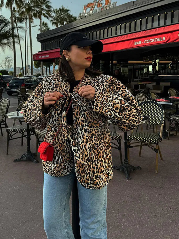 Leopard Print Lace Long Sleeved Quilted Casual Fashion Coats - Fashionpara
