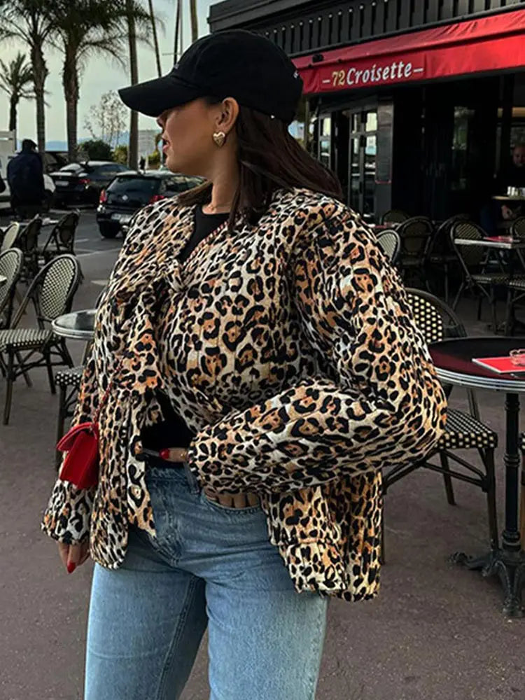 Leopard Print Lace Long Sleeved Quilted Casual Fashion Coats - Fashionpara