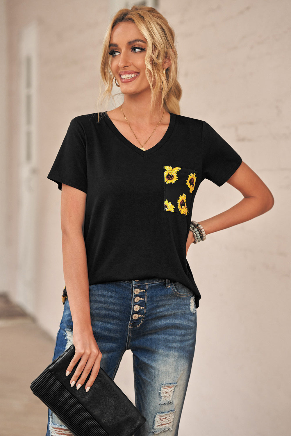 Women's Leopard Printed Splicing Short Sleeve T-Shirt Pocket Blouse - Fashionpara