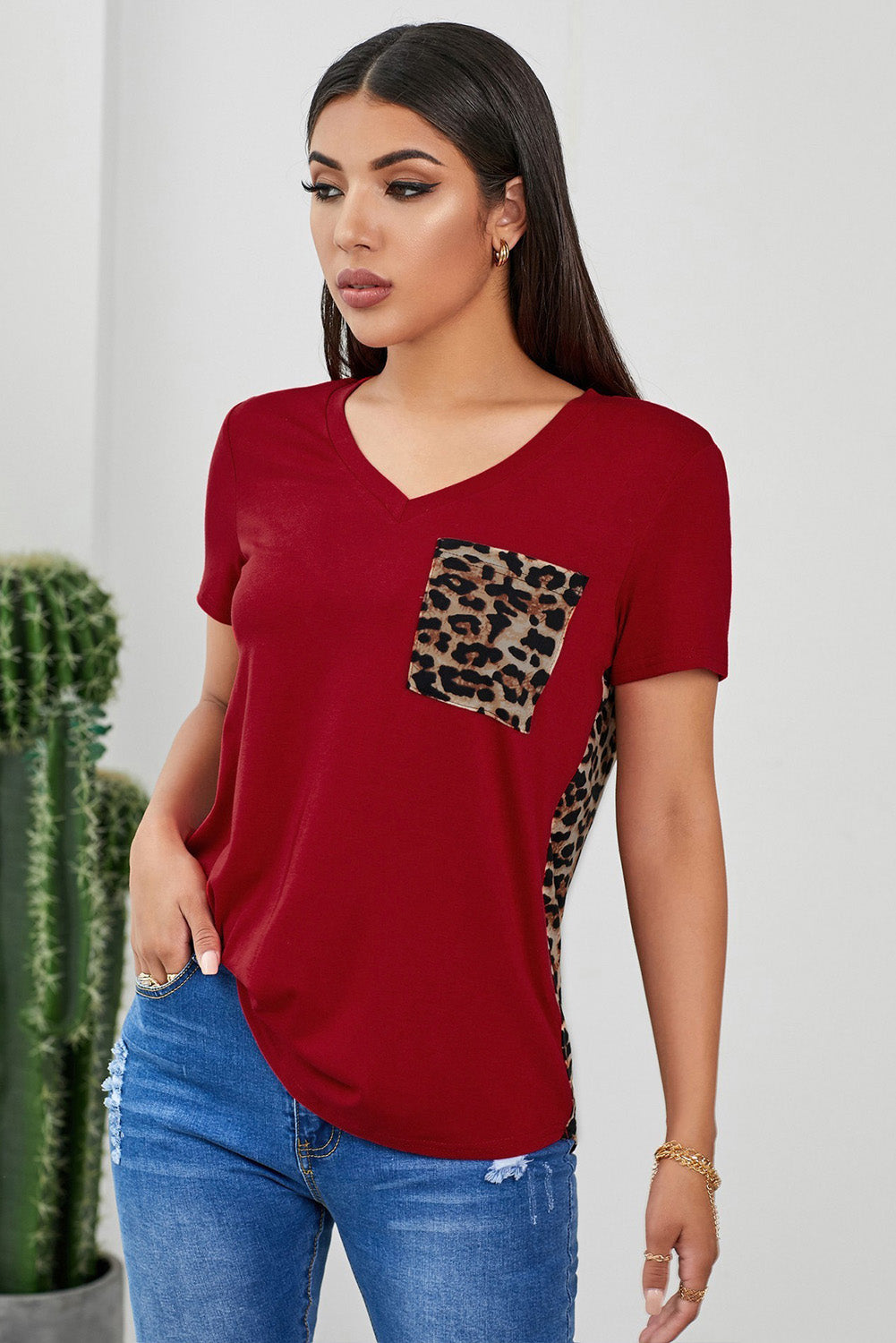 Women's Leopard Printed Splicing Short Sleeve T-Shirt Pocket Blouse - Fashionpara
