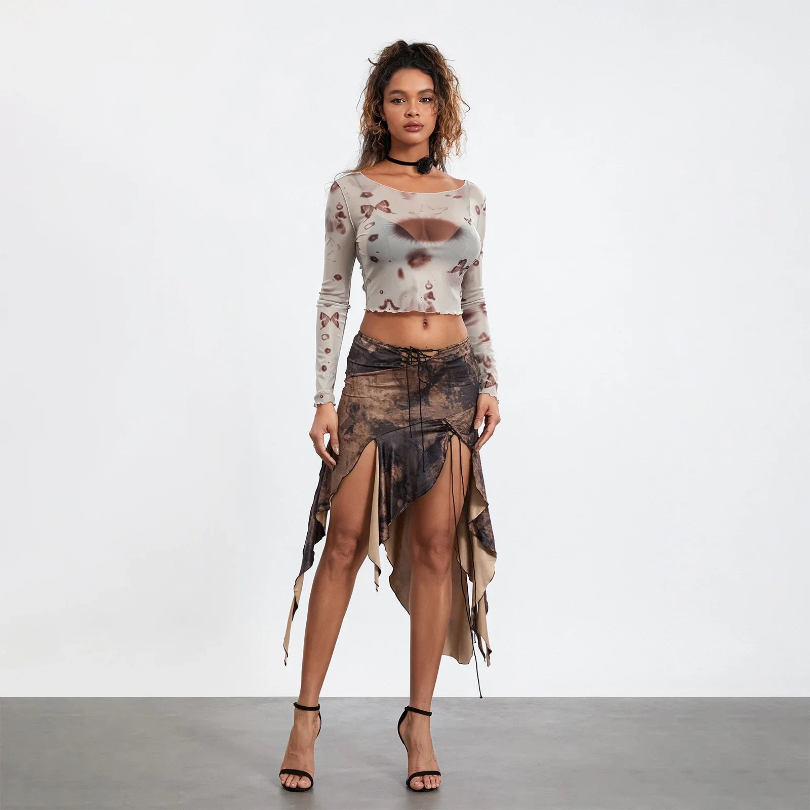 High Split Vintage Print Skirt