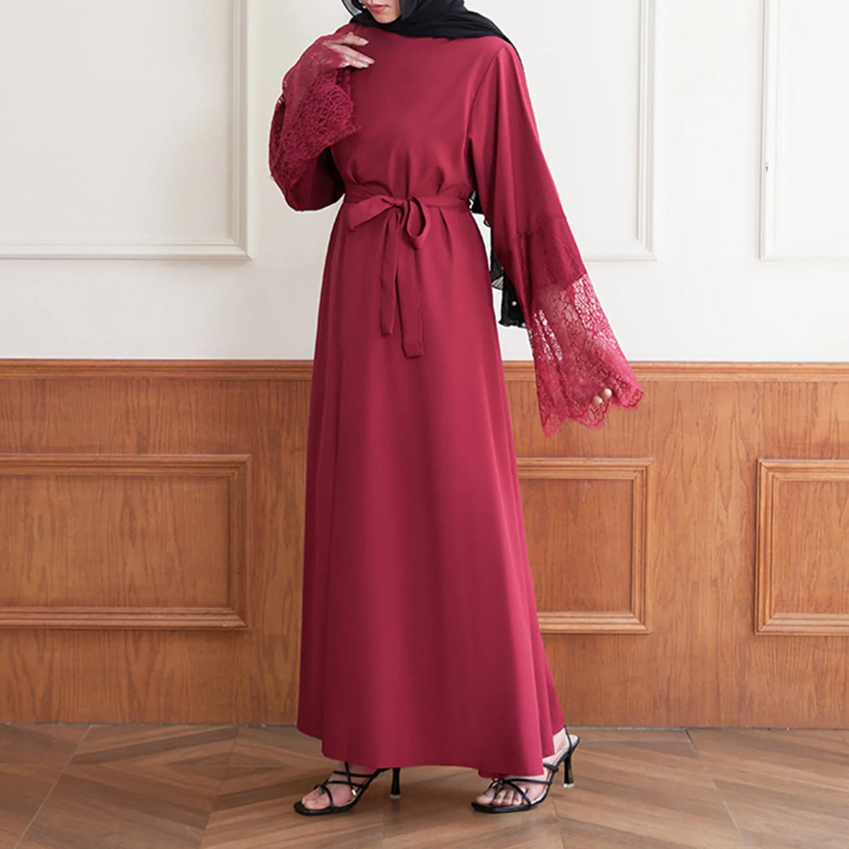 High Neck Lace-Trim Bell Sleeve Satin Abaya Maxi Dress 4