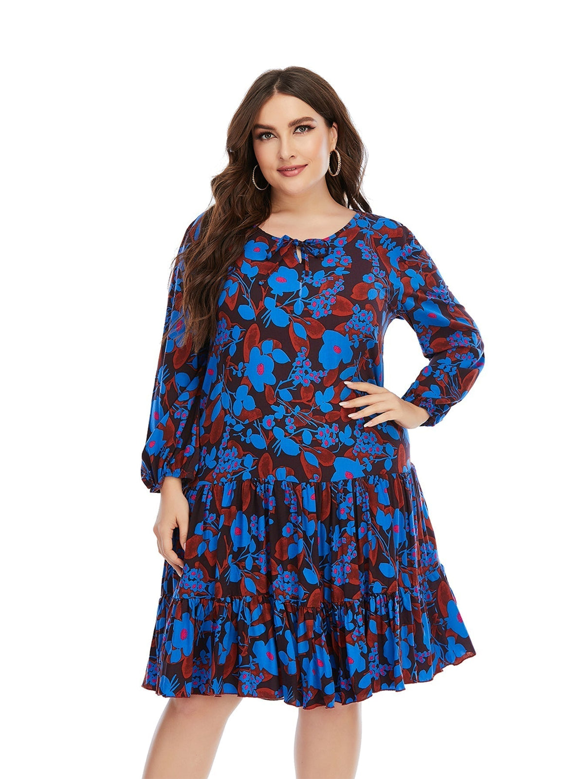 Floral Print Long Sleeve Tiered Shift Midi Dress