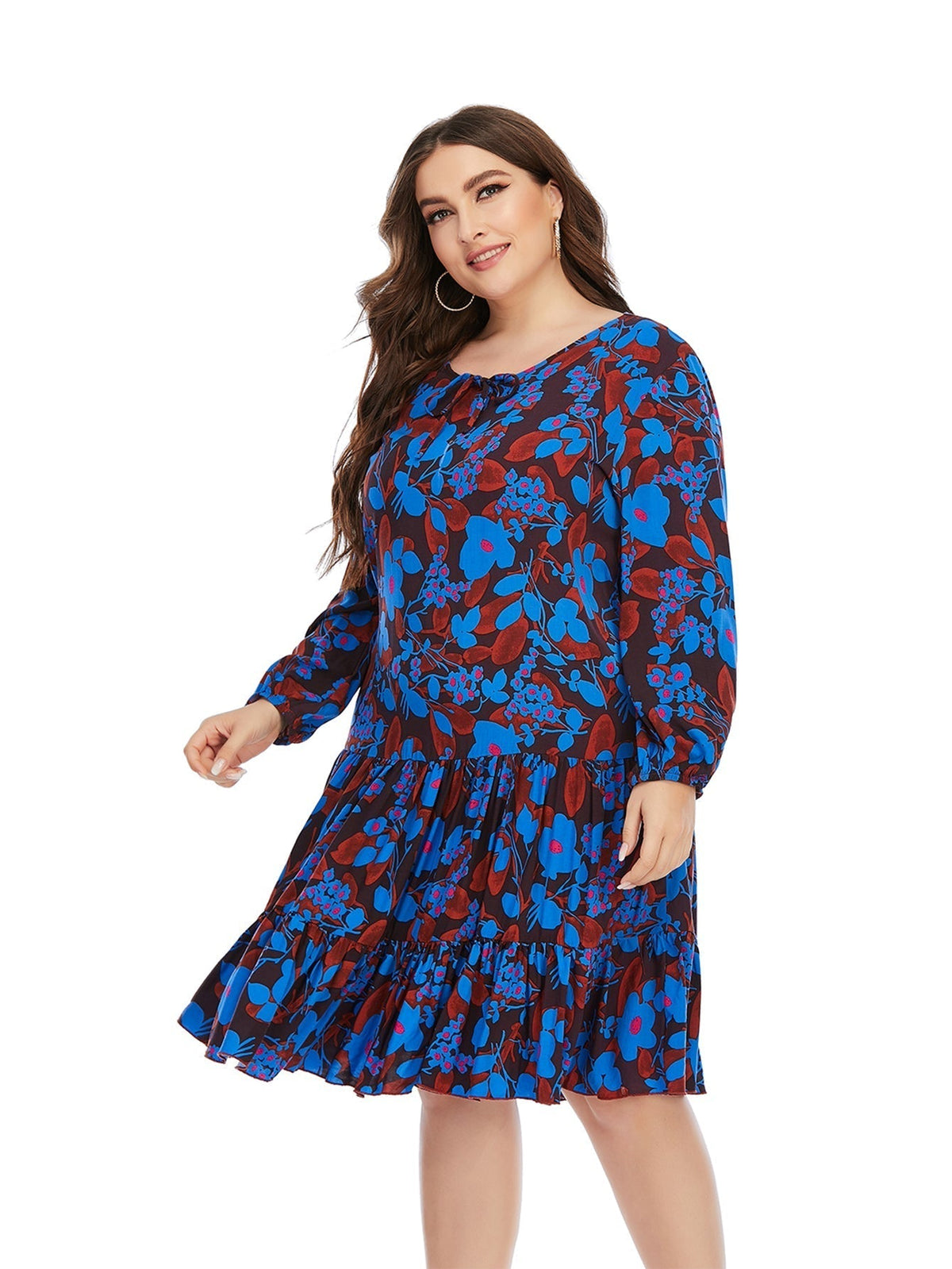 Floral Print Long Sleeve Tiered Shift Midi Dress