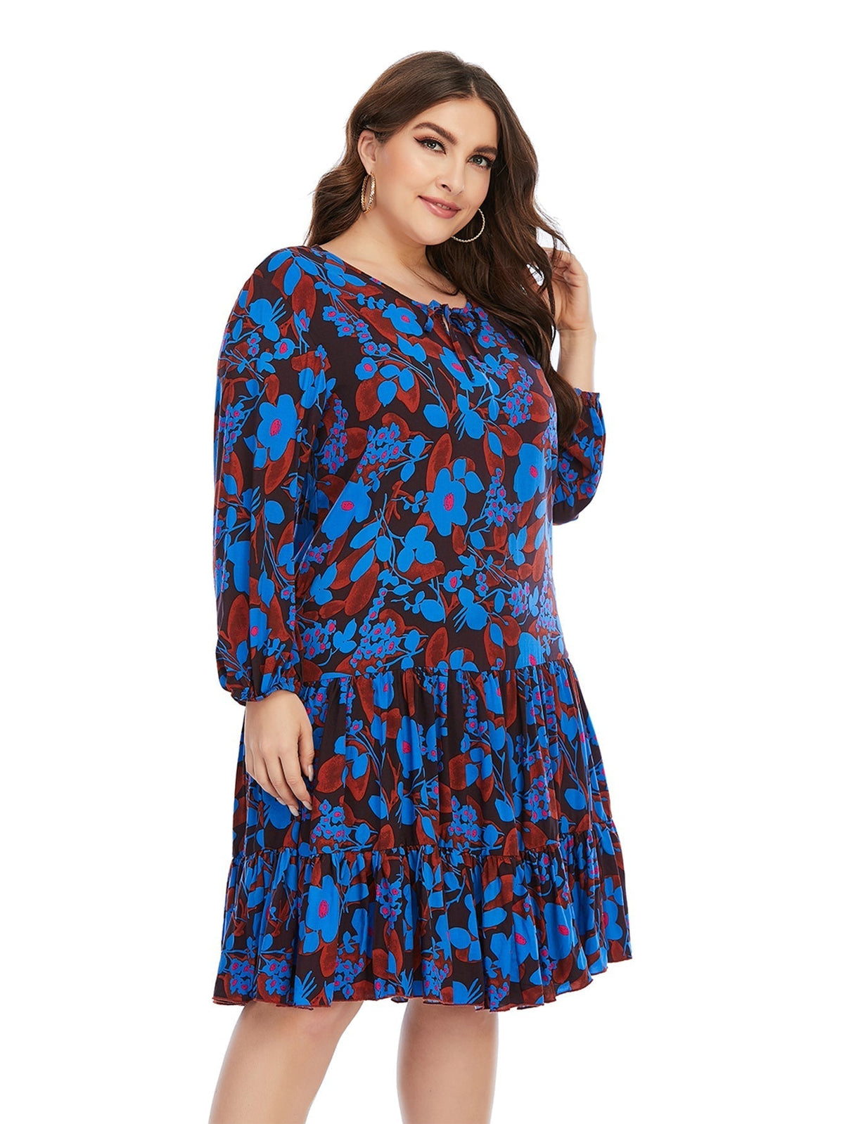 Floral Print Long Sleeve Tiered Shift Midi Dress