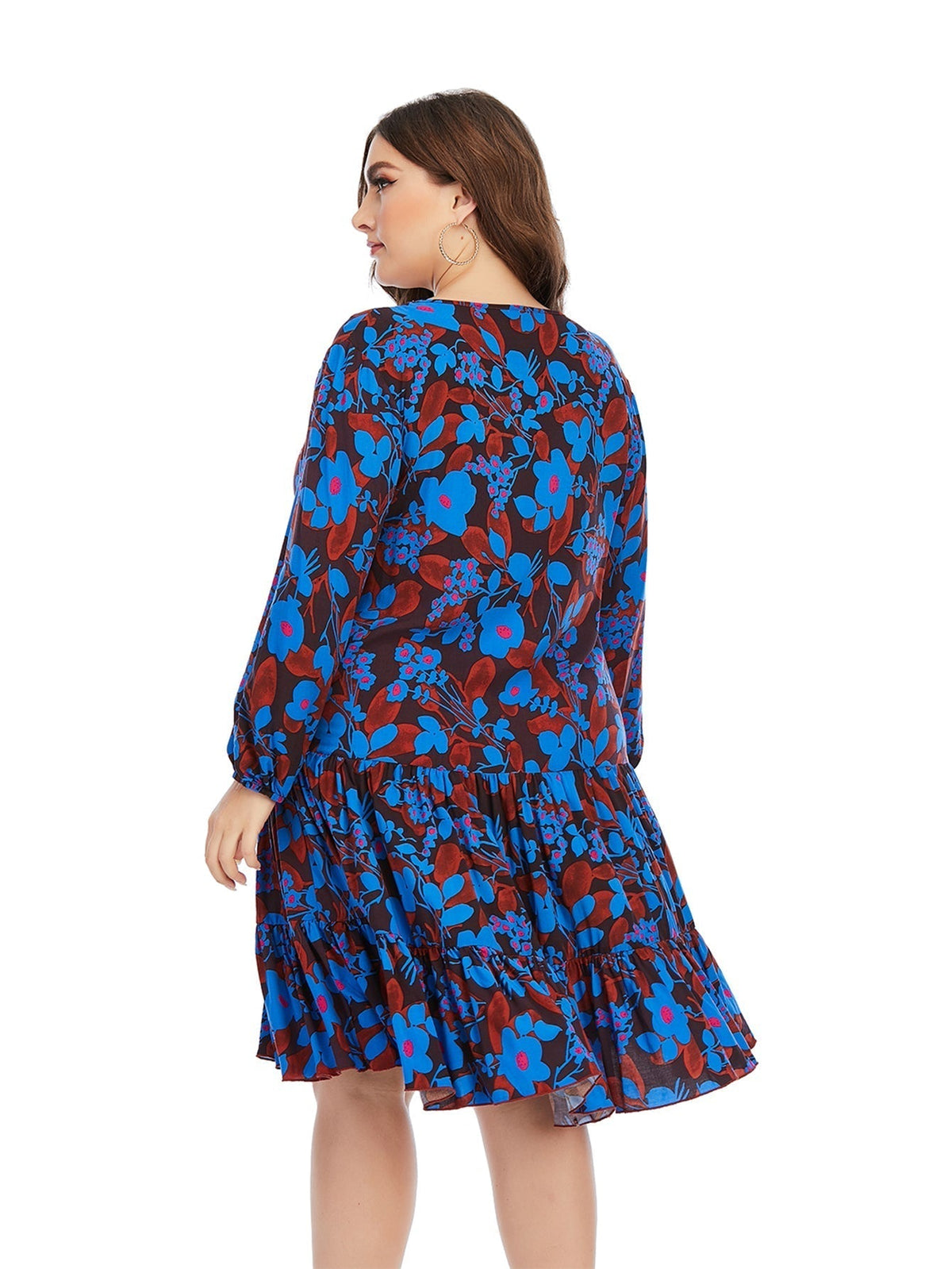 Floral Print Long Sleeve Tiered Shift Midi Dress