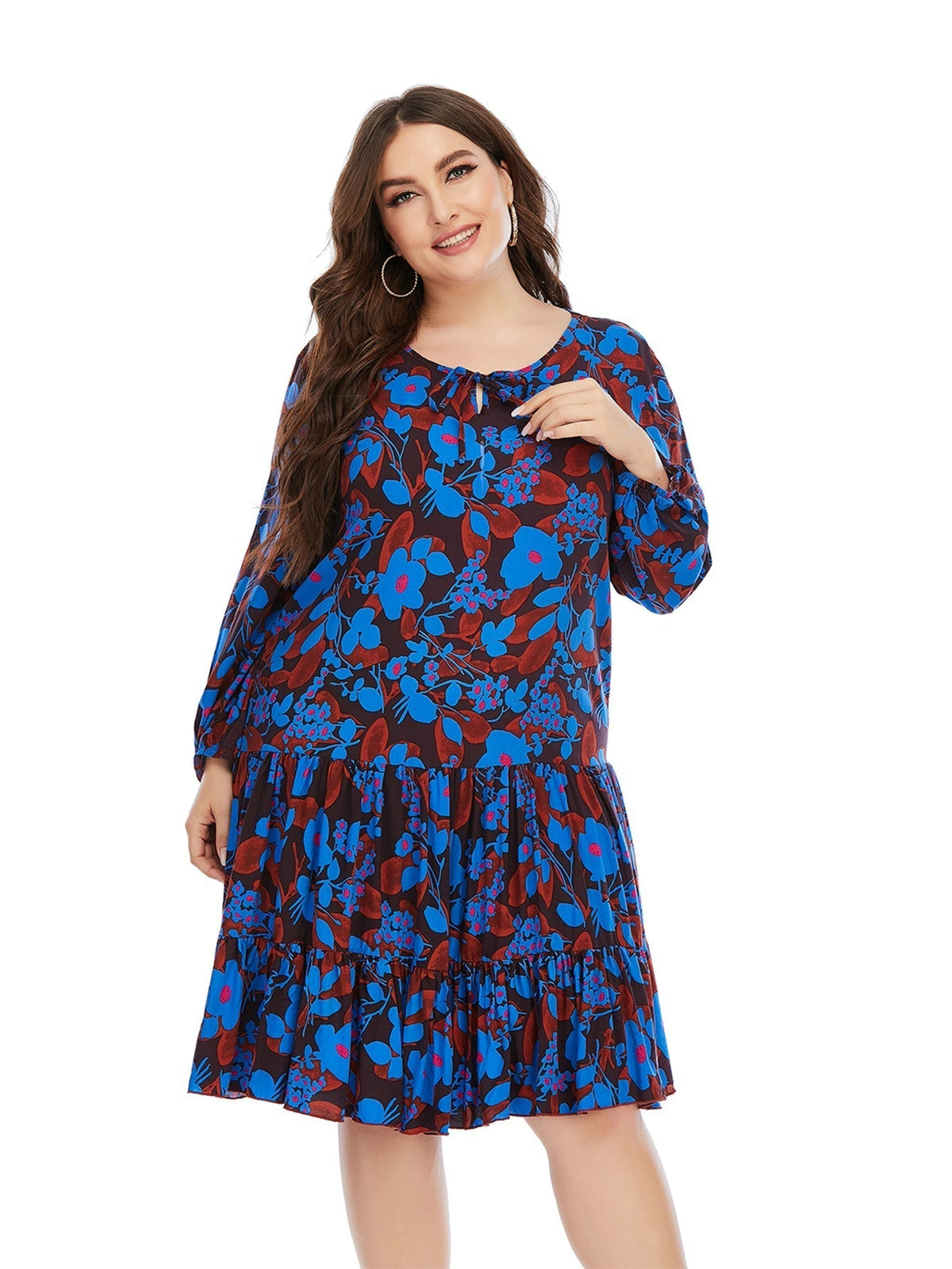 Floral Print Long Sleeve Tiered Shift Midi Dress