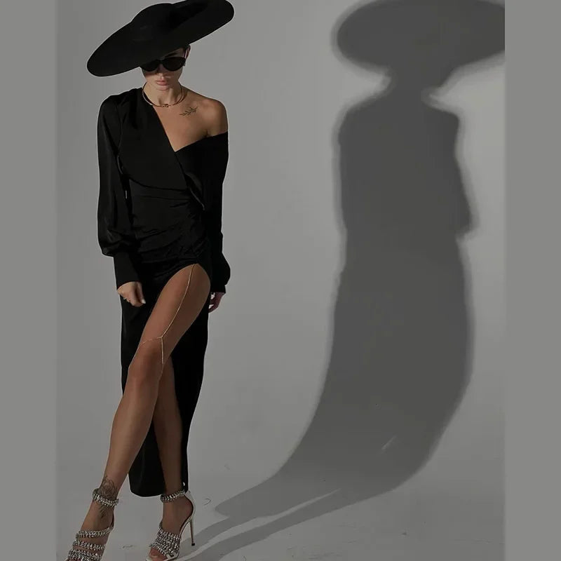 One Shoulder Long Sleeve Ruched High Split Maxi Dress - View 2