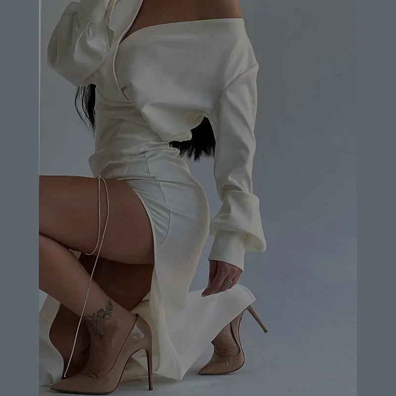One Shoulder Long Sleeve Ruched High Split Maxi Dress - View 5