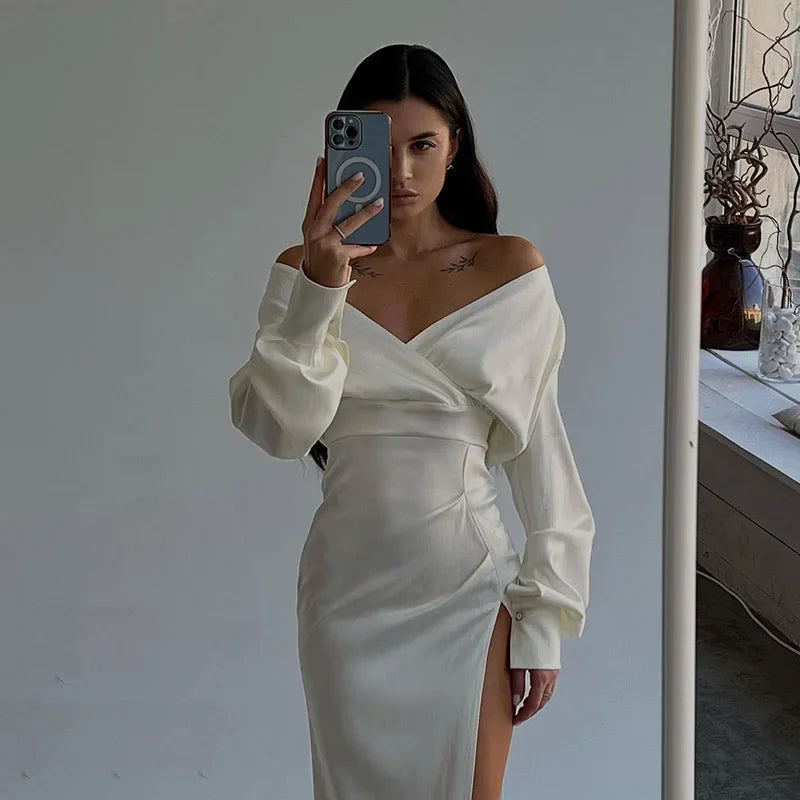 One Shoulder Long Sleeve Ruched High Split Maxi Dress - View 8