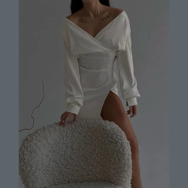 One Shoulder Long Sleeve Ruched High Split Maxi Dress - View 4