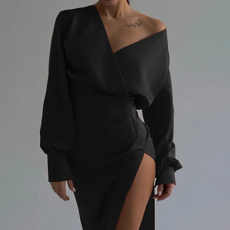 One Shoulder Long Sleeve Ruched High Split Maxi Dress