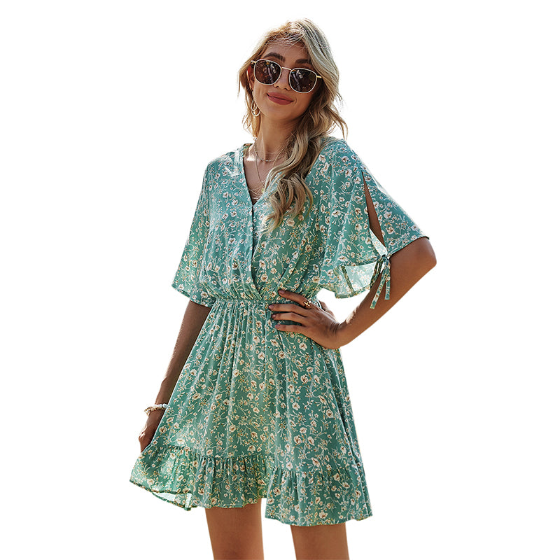 KittenAlarm - Women's Pleated Elastic Waist Short-Sleeved Floral Dress V-Neck A-Line Skirt