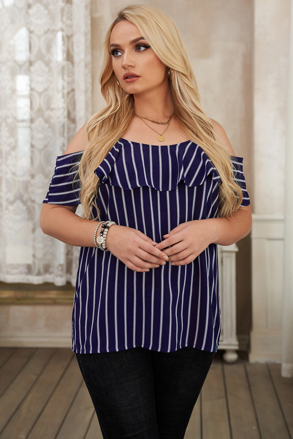 Women's Plus Size Casual Blouse Summer V Neck Stripe Sling Strapless T-Shirt Top - Fashionpara