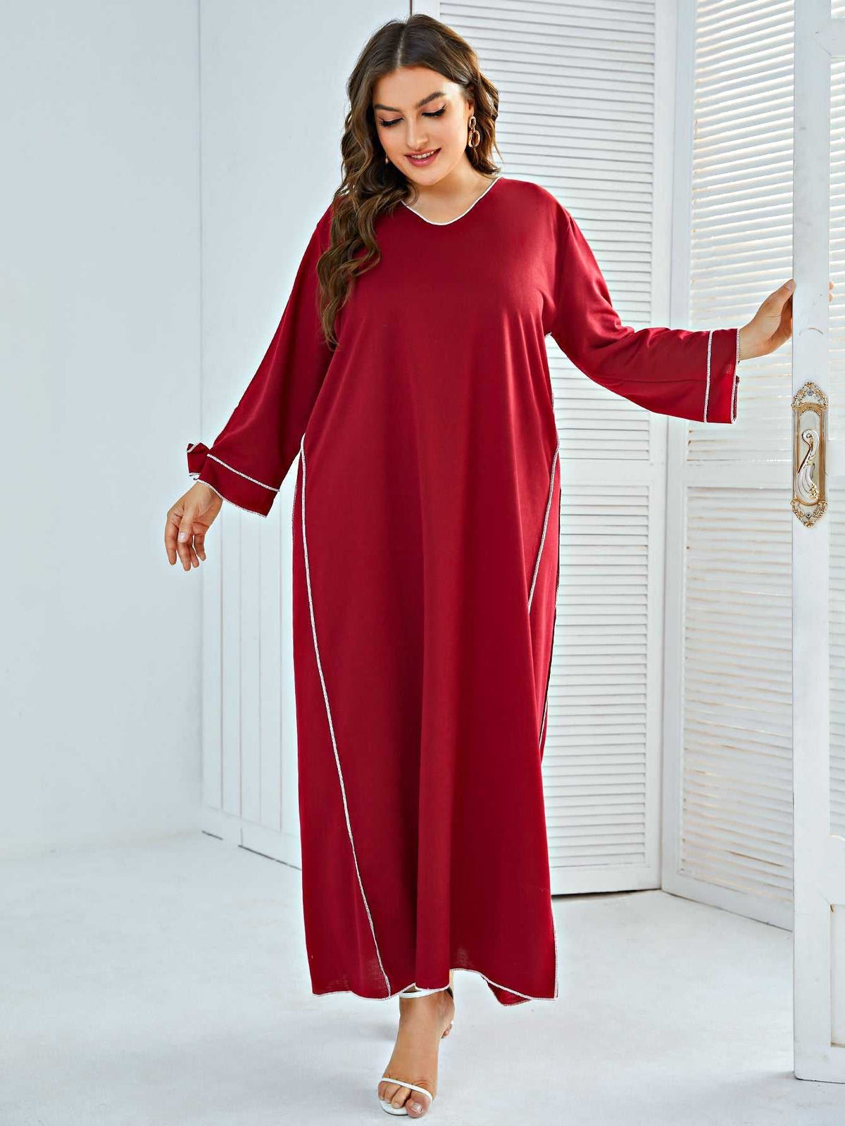 Contrast Trim V-Neck Long Sleeve Kaftan Maxi Dress