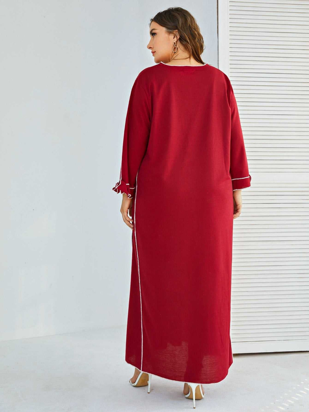 Contrast Trim V-Neck Long Sleeve Kaftan Maxi Dress