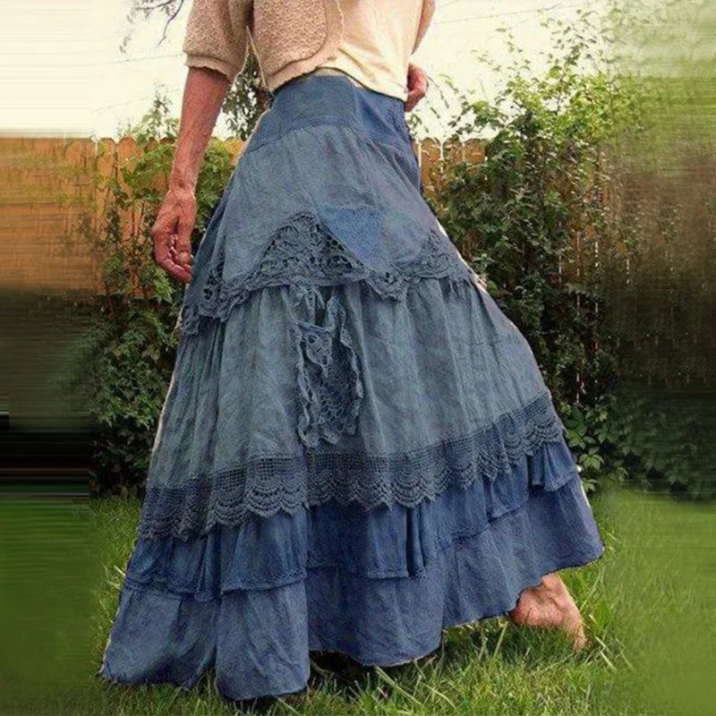 Plus Size Women's Summer Vintage Ruffles Oversized Lace Maxi Skirts