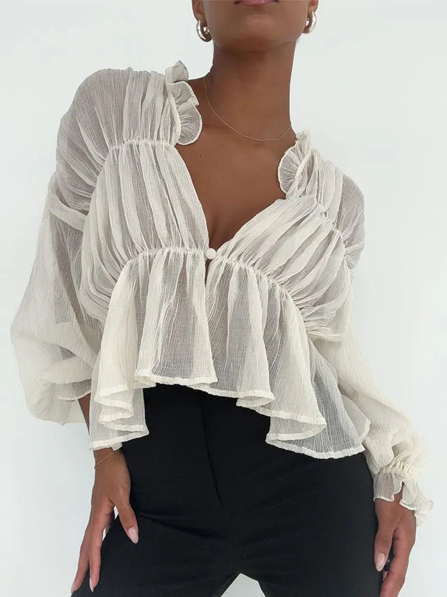 Retro Sheer Mesh Lantern Sleeve Blouse