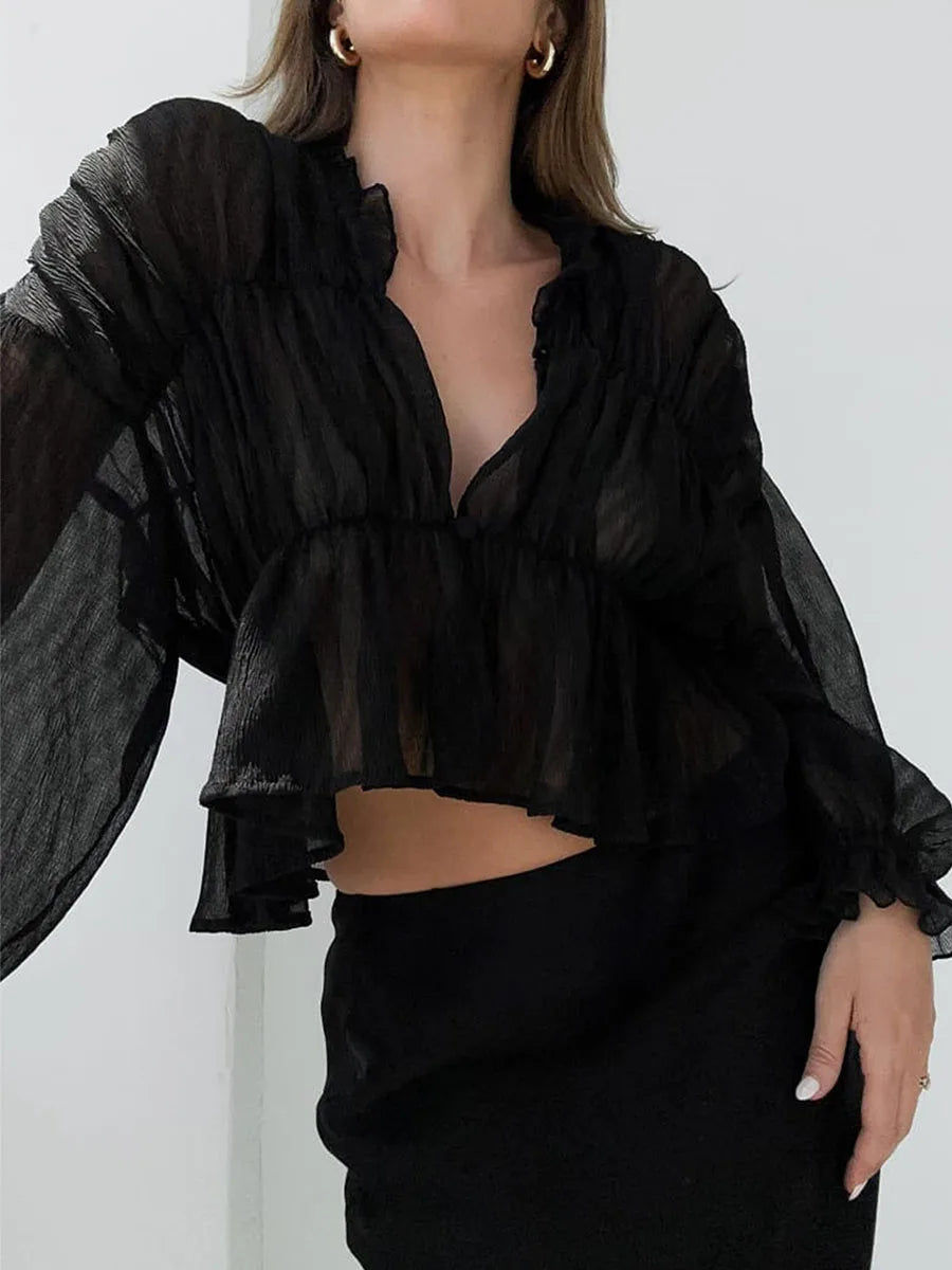 Retro Sheer Mesh Lantern Sleeve Blouse