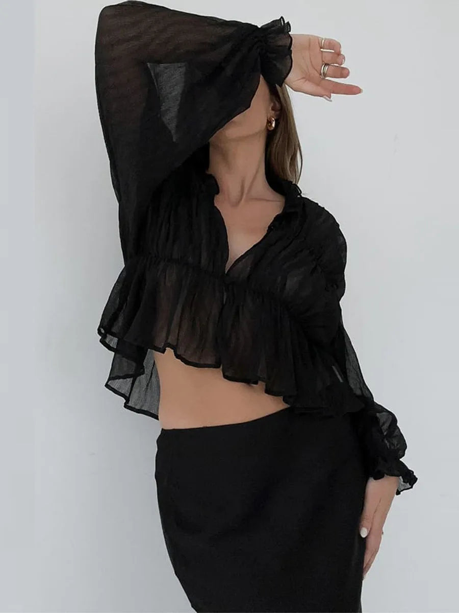 Retro Sheer Mesh Lantern Sleeve Blouse