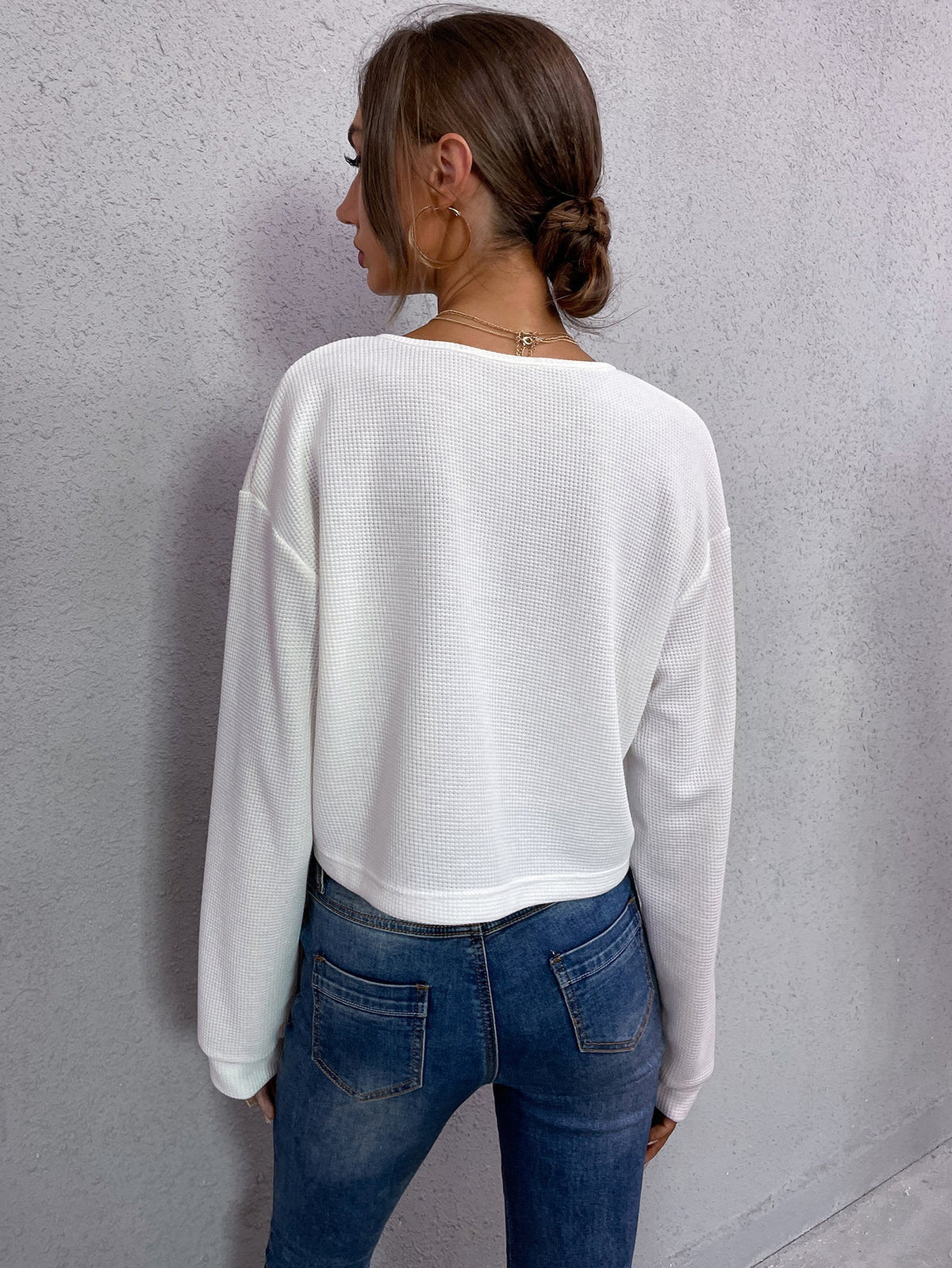 KittenAlarm - Women's Round/V Neck  Waffle Knit Tops Casual Long Sleeve Pullover Sweater Shirt