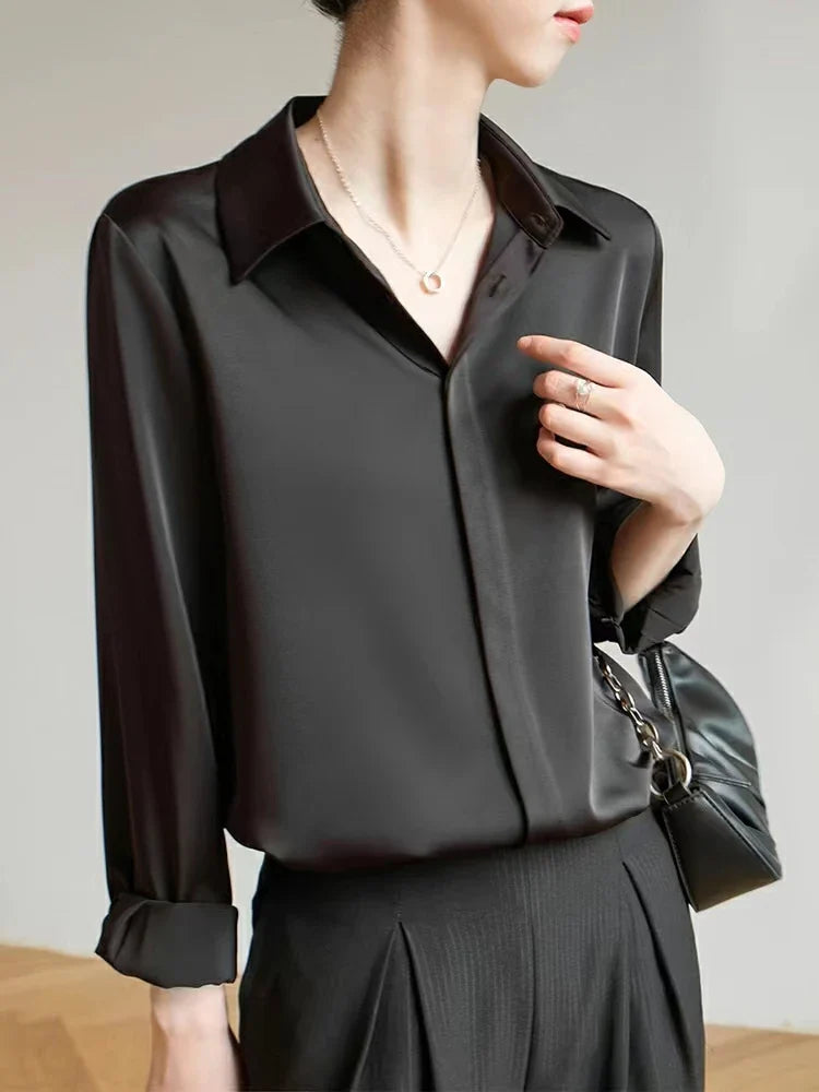 Satin Long Sleeve French Style Office Lady Blouse