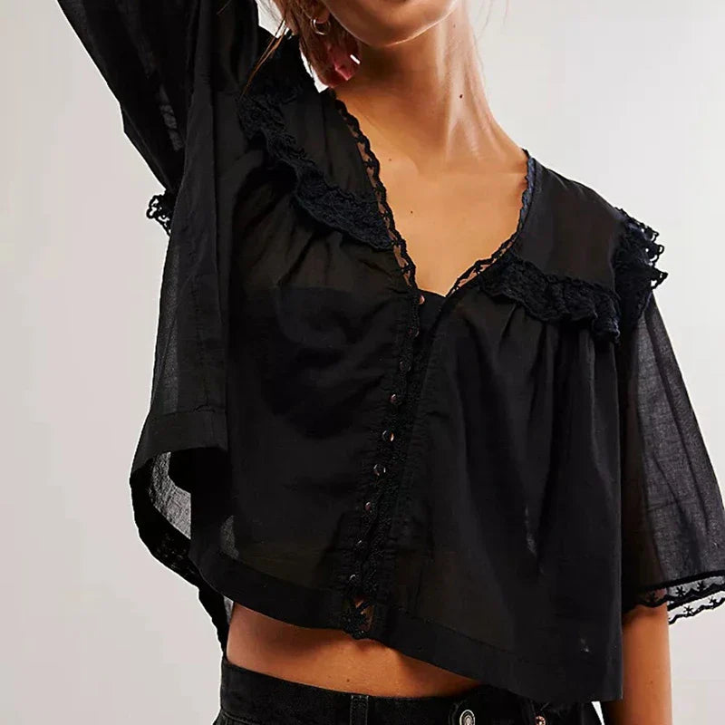 Low Cut Chiffon Ruffle Lace Trim Blouse