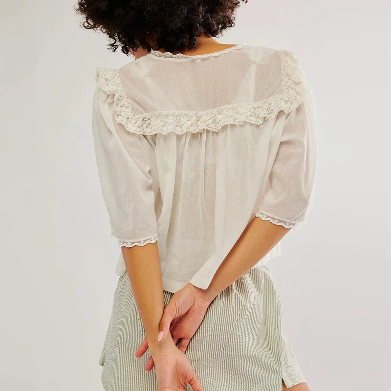 Low Cut Chiffon Ruffle Lace Trim Blouse