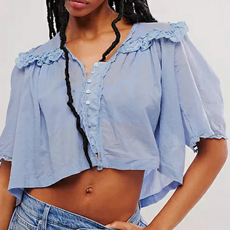 Low Cut Chiffon Ruffle Lace Trim Blouse