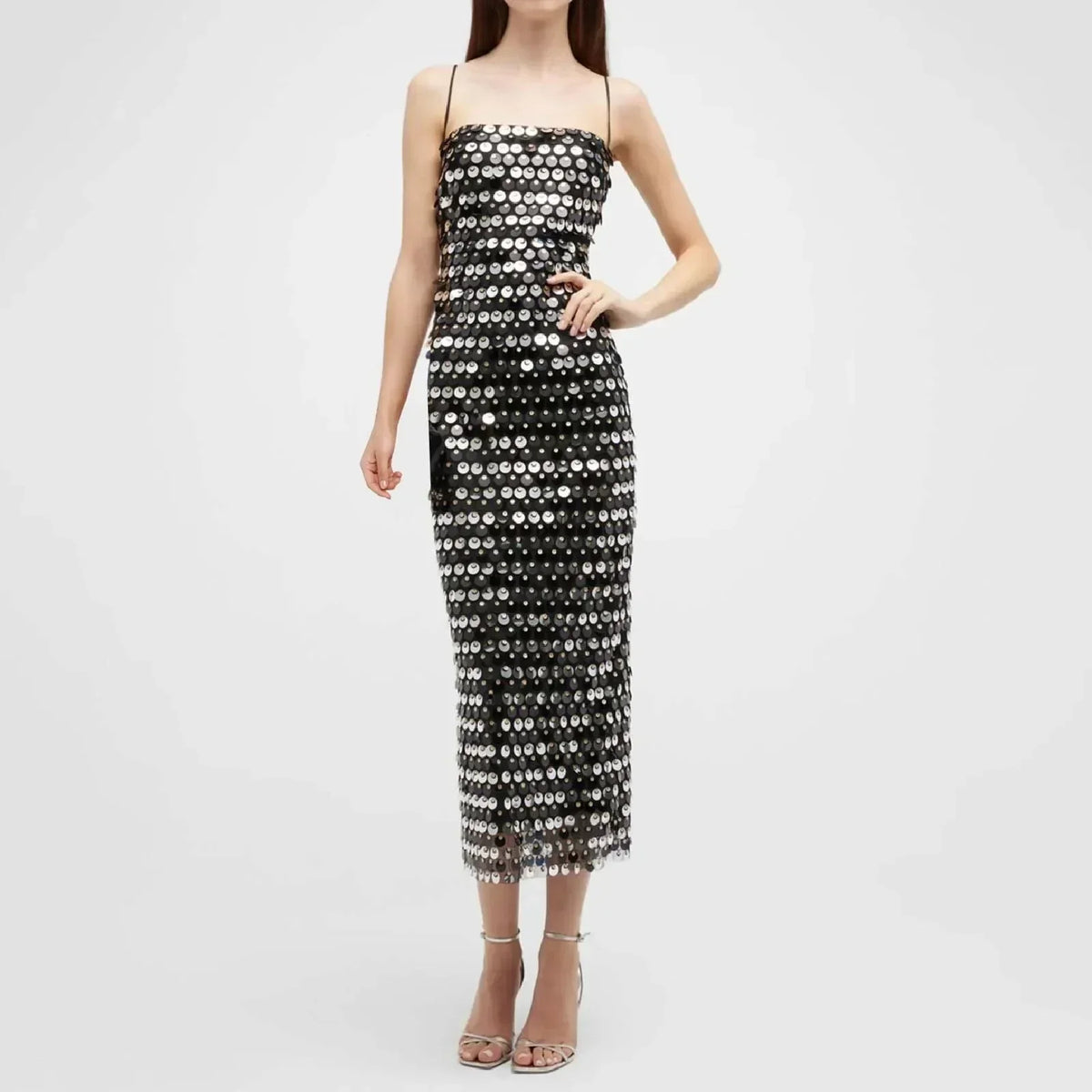 Sequin Paillette Spaghetti Strap Straight Midi Dress