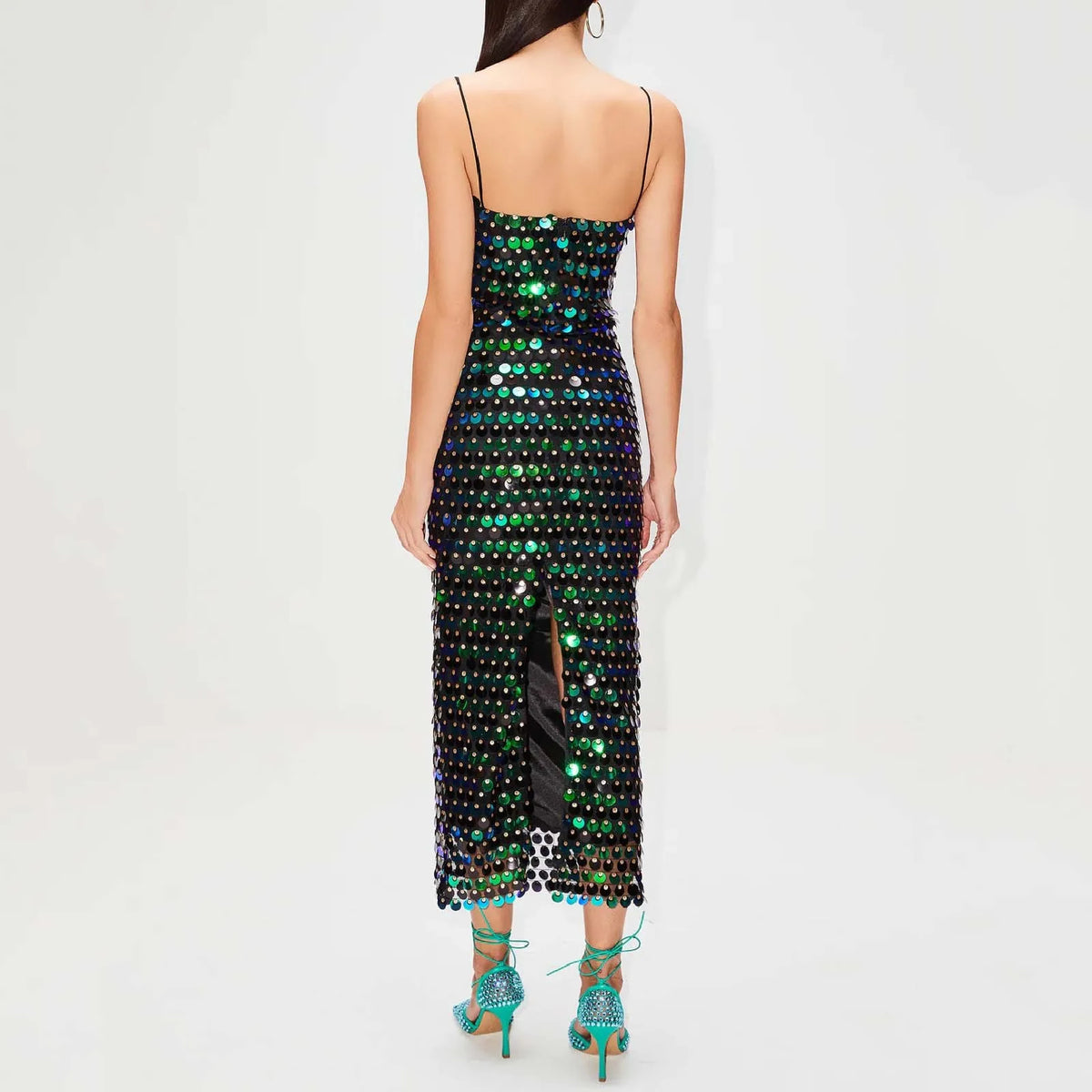 Sequin Paillette Spaghetti Strap Straight Midi Dress