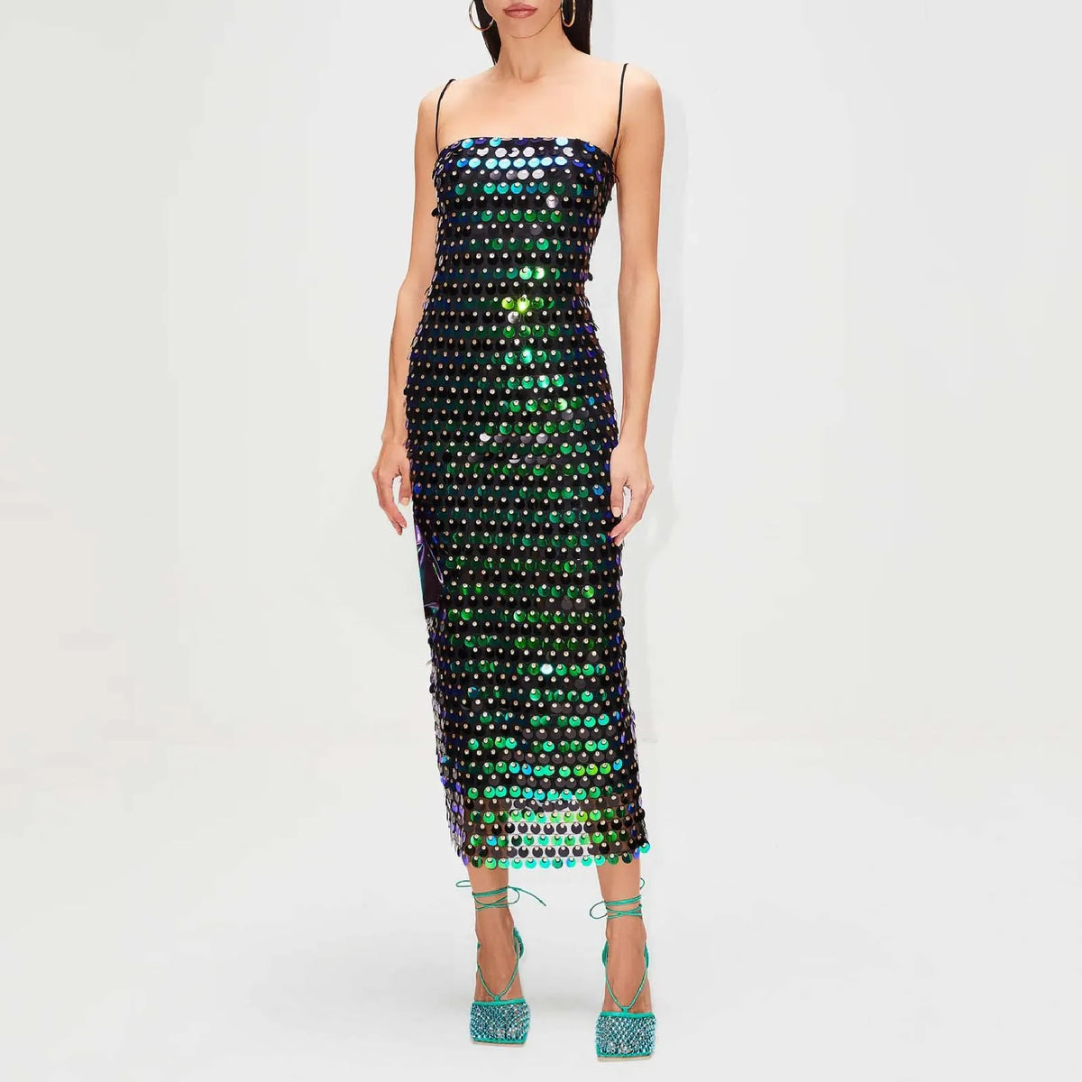Sequin Paillette Spaghetti Strap Straight Midi Dress