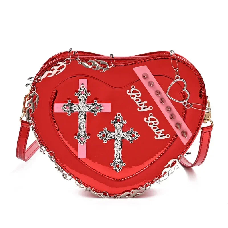 Heart-Shaped Leather Gothic Punk Crossbody Metal Decoration Shoulder Bag Red Halloween